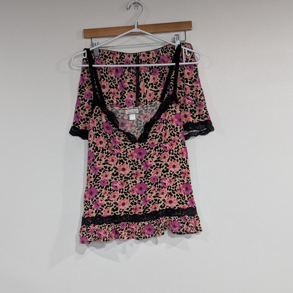 Rene Rofe Floral Animal Print Lace Sleep Set Tank & Shorts Black Pink Size Large